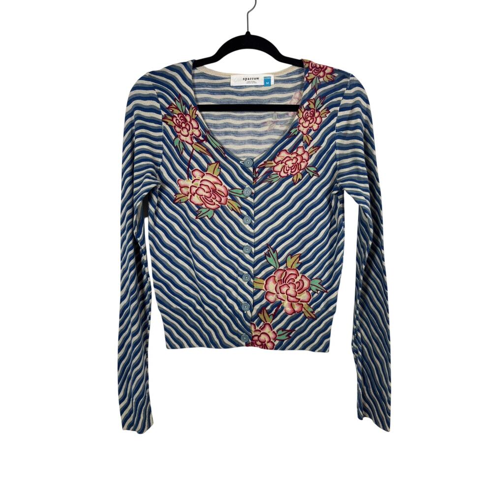 Anthropologie Sparrow Cardigan Womens Medium Blue Floral Stripe Sweater Button